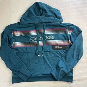 NWT Bebe Women’s Logo City Preppy Y2K Pullover Comfort Cropped Hoodie Green Sz M